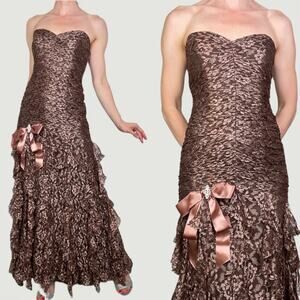 Cache brown lace strapless prom dress cocktail gown ruffle maxi formal long XS